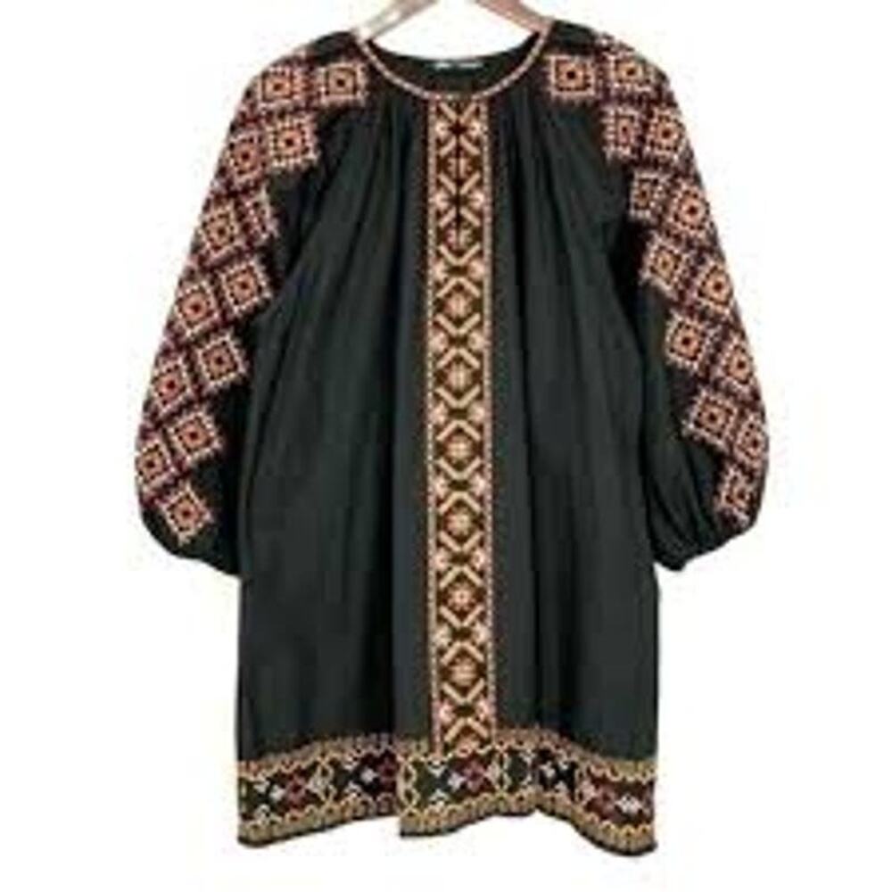 NWT ZARA Cotton Linen Embroidered Balloon Sleeve Tunic Dress  SZ L